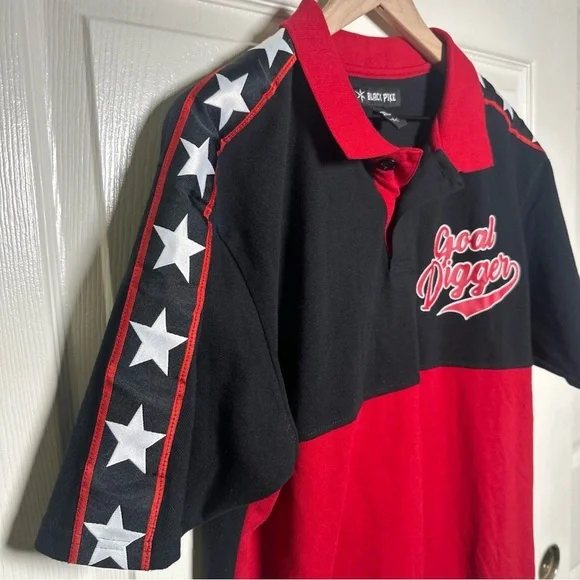 Black Pike Men’s Red Button Jersey XL Shirt Goal Digger Cotton Stars Stripes USA - Picture 2 of 14